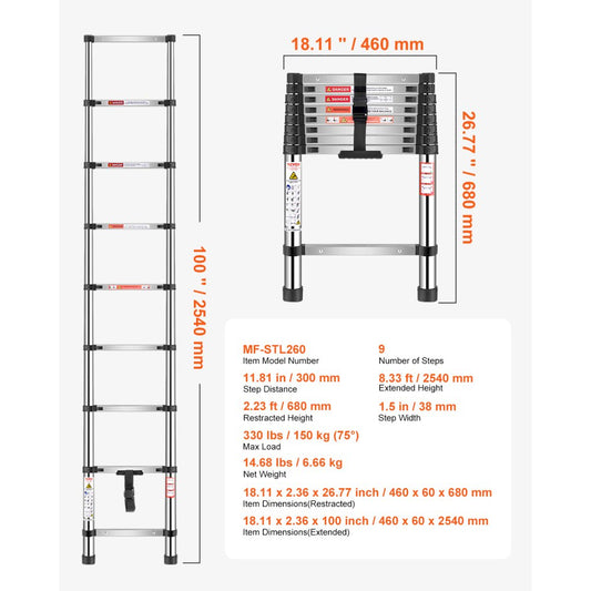 MF-STL260 - 8.5ft Steel Telescoping Ladder with Comfort Steps, 330lbs Capacity