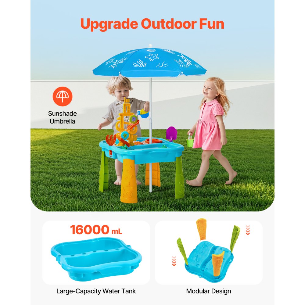 518H-23C-1 - Kids Sensory Sand & Water Play Table with Umbrella and Accessories