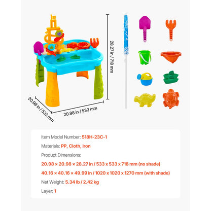 518H-23C-1 - Kids Sensory Sand & Water Play Table with Umbrella and Accessories