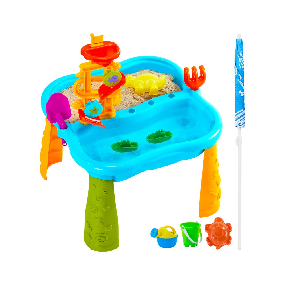 518H-23C-1 - Kids Sensory Sand & Water Play Table with Umbrella and Accessories