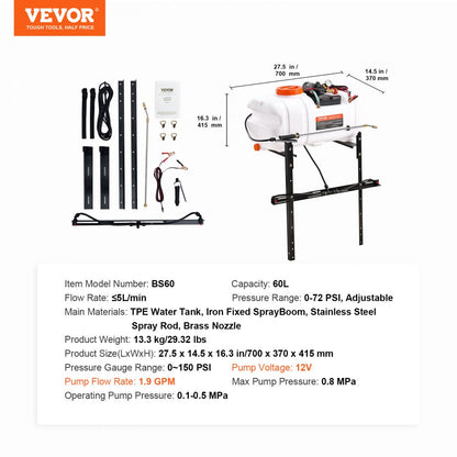 BS60 - VEVOR 15.9 Gal ATV Spot Sprayer with Adjustable Boom and 1200 PSI