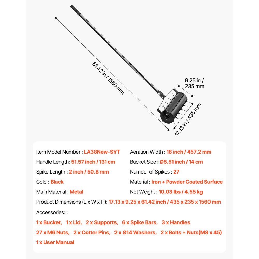 LA38New-SYT - 18-Inch Heavy-Duty Lawn Aerator with 27 Spikes