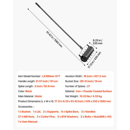 LA38New-SYT - 18-Inch Heavy-Duty Lawn Aerator with 27 Spikes