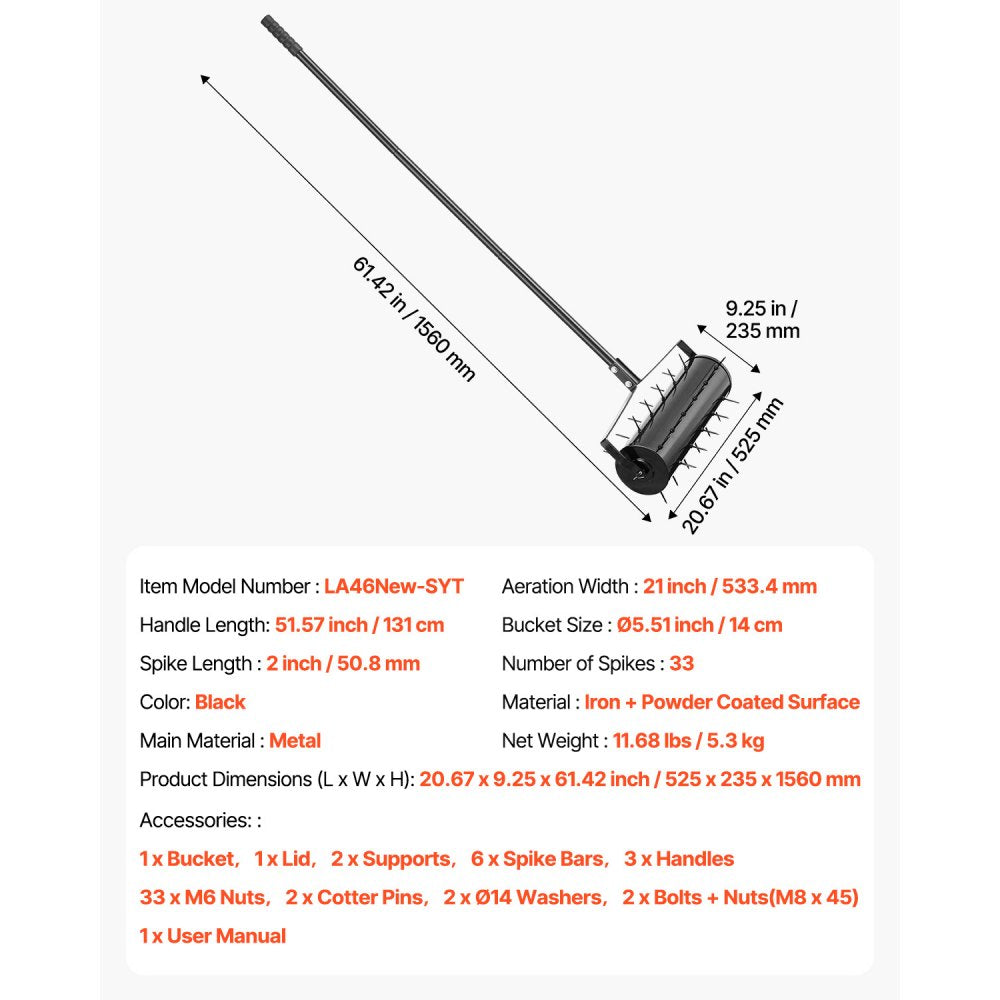 LA46New-SYT - 21" Rolling Lawn Aerator for Healthy Grass and Soil