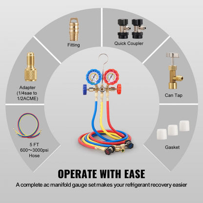 WZ--A301 - 3-Way AC Gauge Set with 5ft Hoses for R134A & R22