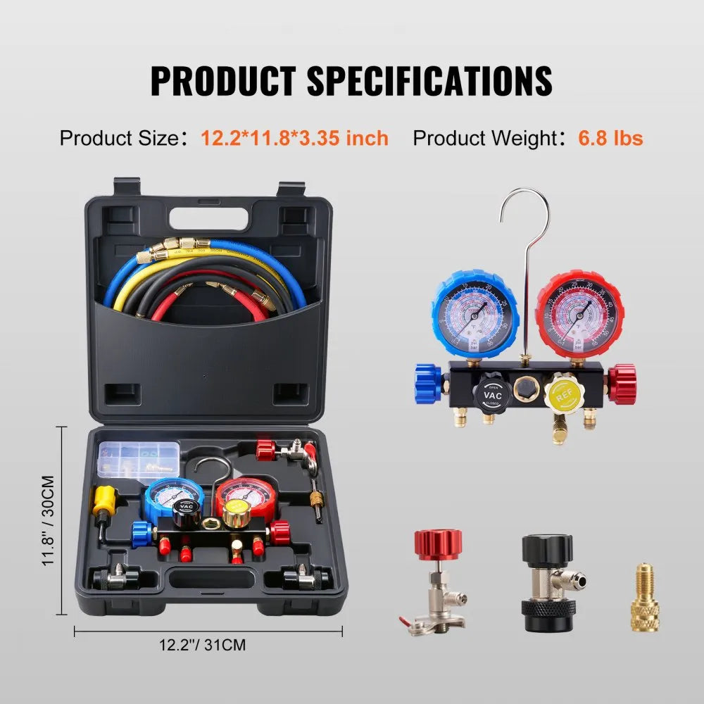 WZ--J401 - Portable AC Manifold Gauge Set with Moisture Indicator & 5ft Hose