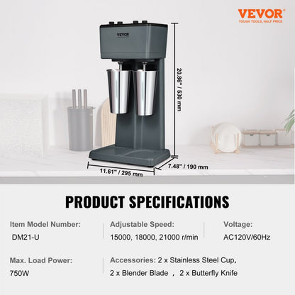 DM12-U - 375W VEVOR Double-Head Milkshake Maker with Timer & 3-Speed Settings