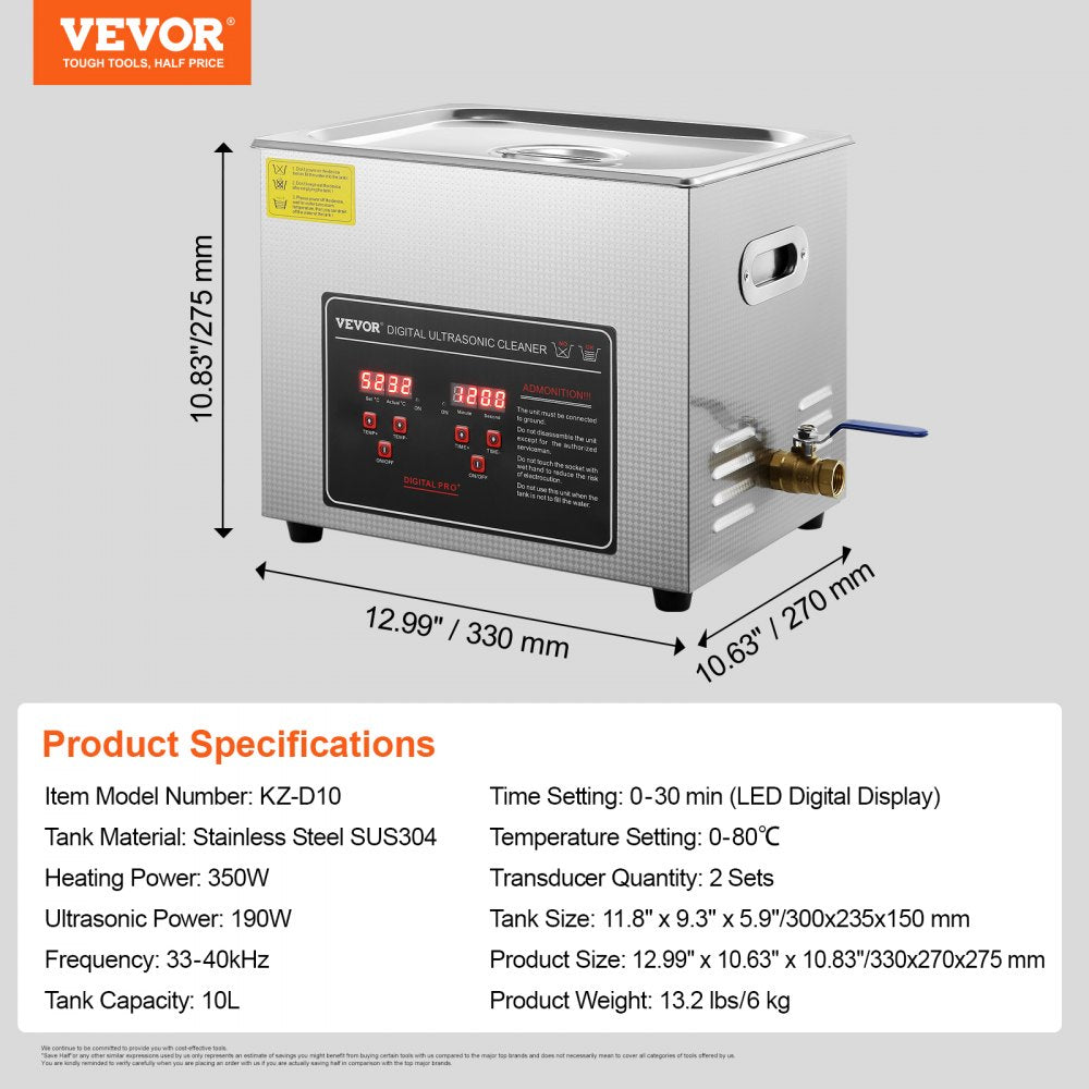 010565189853 - 10L VEVOR Stainless Steel Ultrasonic Cleaner for Jewelry and Parts