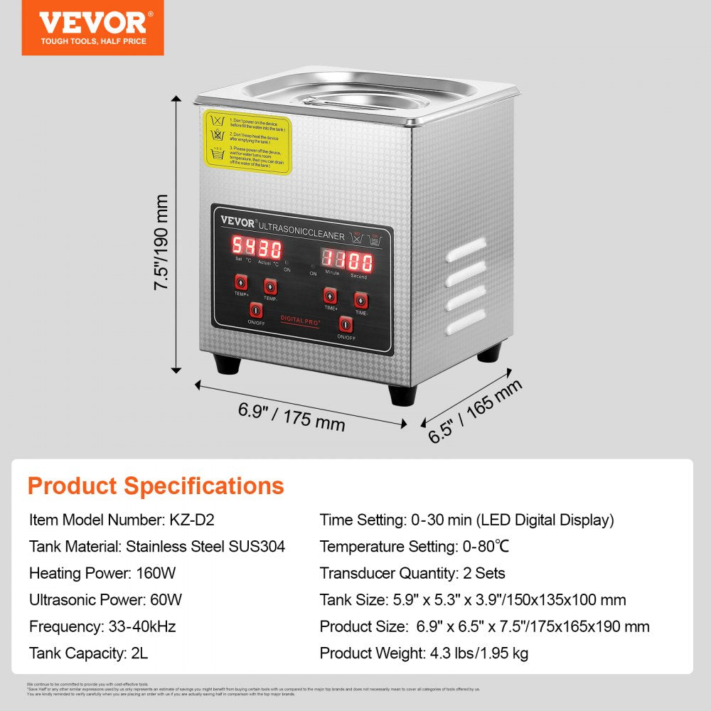010186152888 - 40kHz VEVOR Ultrasonic Cleaner with Digital Timer, 2L Capacity