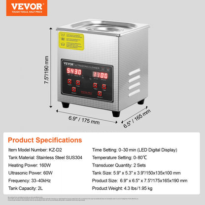 010186152888 - 40kHz VEVOR Ultrasonic Cleaner with Digital Timer, 2L Capacity