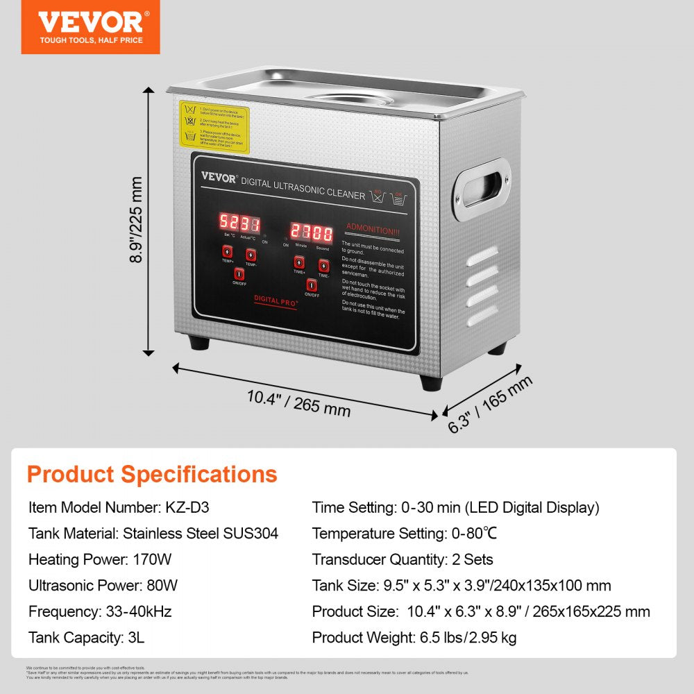 010119019023 - VEVOR 3L Ultrasonic Cleaner with Heater & Digital Control