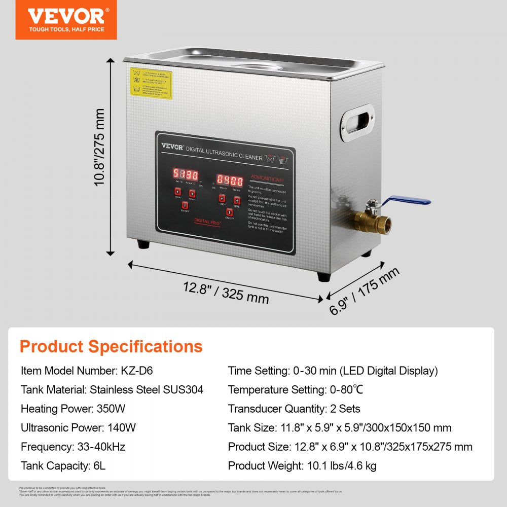 010341612842 - VEVOR 6L Ultrasonic Cleaner with Timer & Stainless Steel Tank