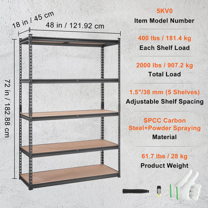 5KV0 - 5-Tier Adjustable Metal Shelving Unit, 400 lbs/Shelf, 18" D x 48" W x 72" H