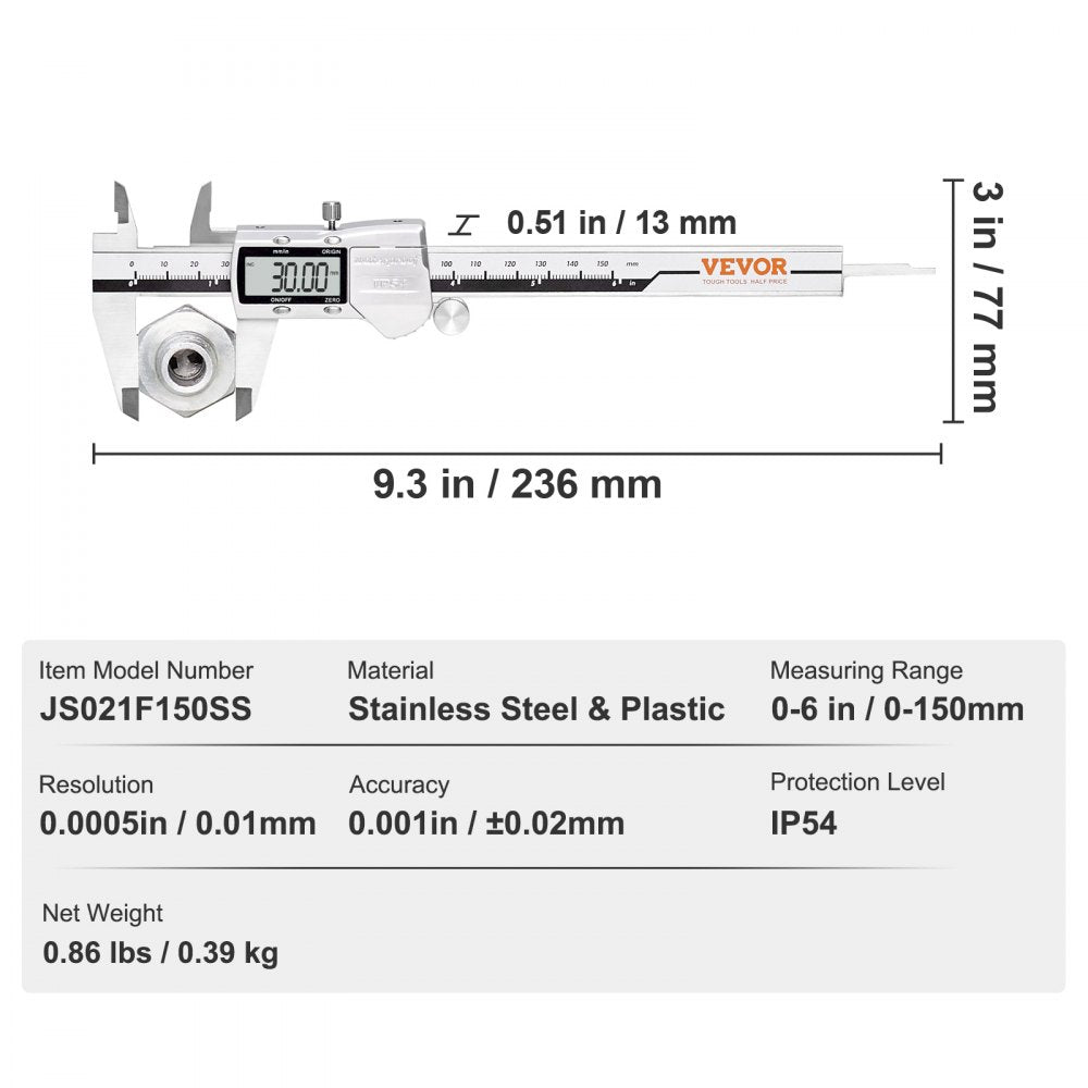 JS021F150SS - VEVOR 0-6" Digital Caliper with LCD Display