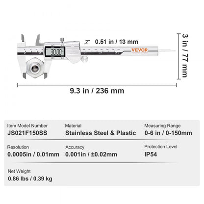 JS021F150SS - VEVOR 0-6" Digital Caliper with LCD Display