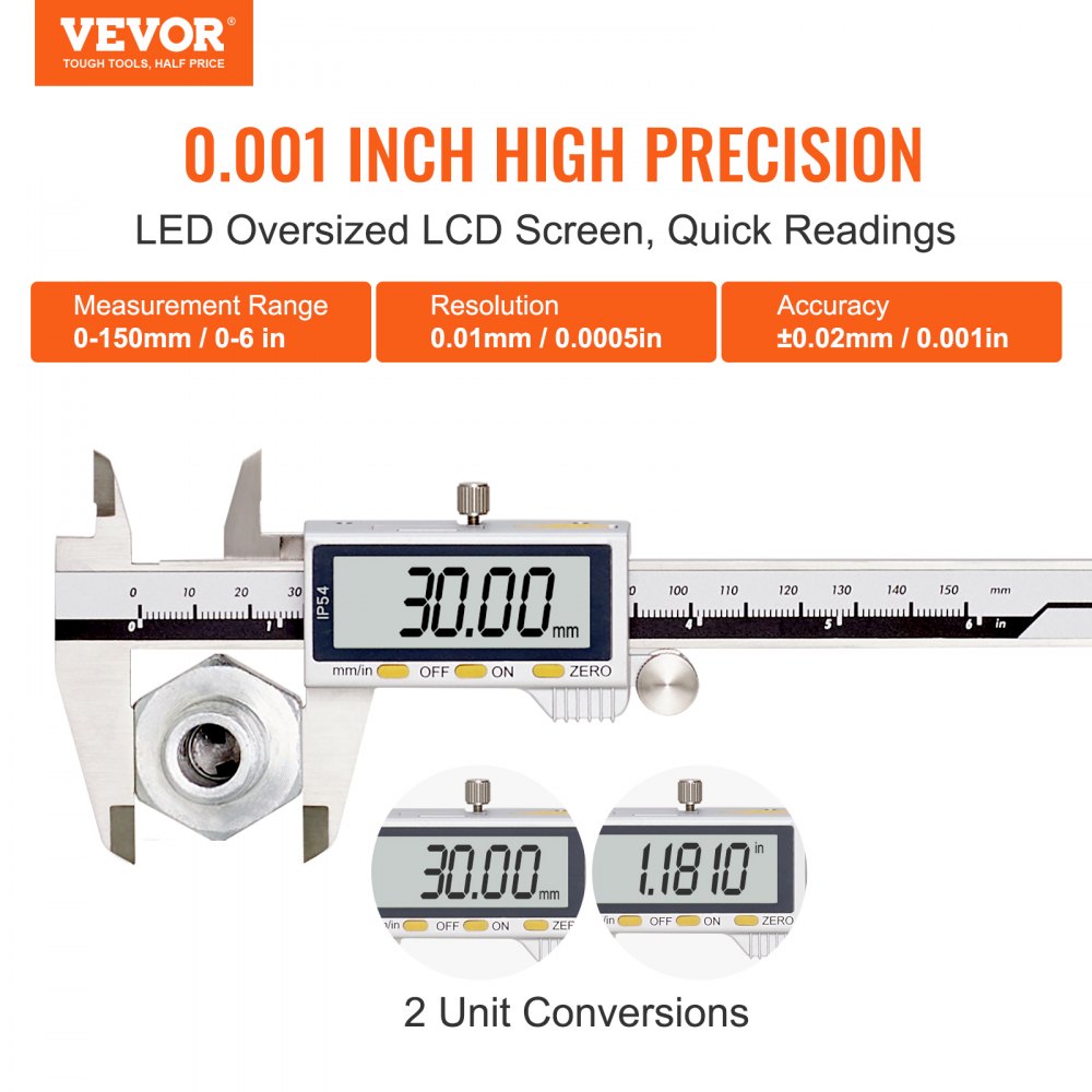 JS808F150SS - 0-6 Inch Stainless Steel Digital Caliper with LCD Display
