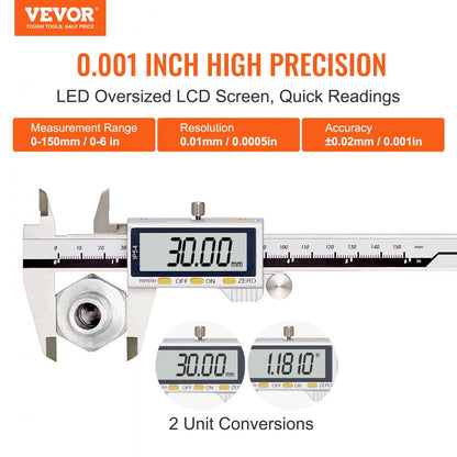 JS808F150SS - 0-6 Inch Stainless Steel Digital Caliper with LCD Display