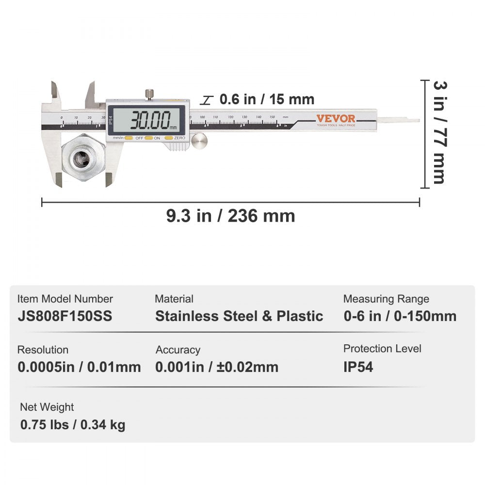 JS808F150SS - 0-6 Inch Stainless Steel Digital Caliper with LCD Display