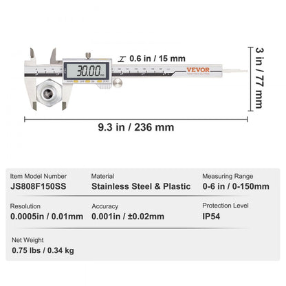 JS808F150SS - 0-6 Inch Stainless Steel Digital Caliper with LCD Display