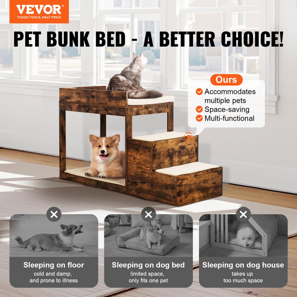 LT-MKT03 - Double-Decker Pet Bunk Bed with Climbing Stairs for Cats/Dogs