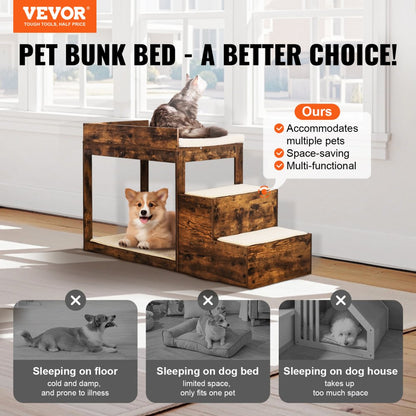 LT-MKT03 - Double-Decker Pet Bunk Bed with Climbing Stairs for Cats/Dogs