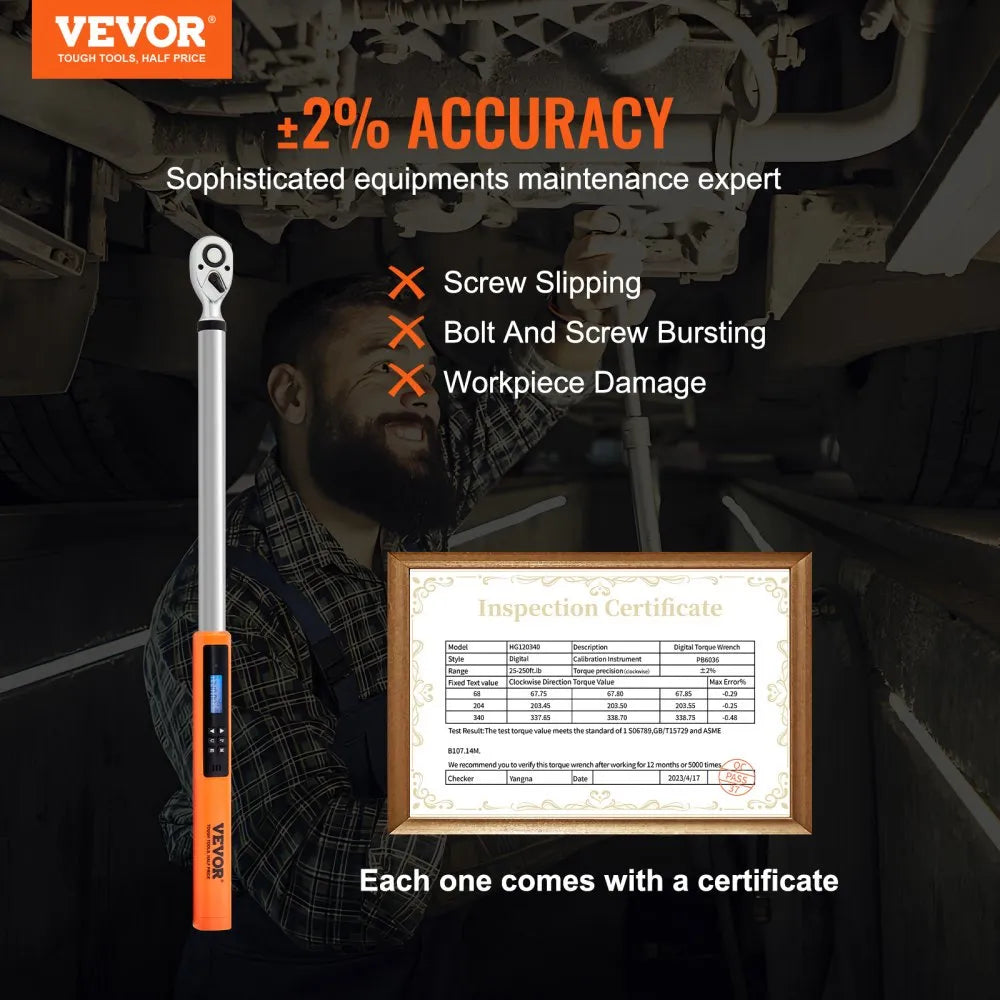 12250FTLB - VEVOR 1/2" Digital Torque Wrench, 25-250ft.lb Precision