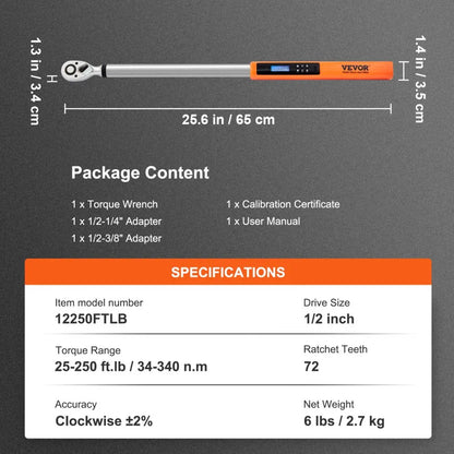 12250FTLB - VEVOR 1/2" Digital Torque Wrench, 25-250ft.lb Precision