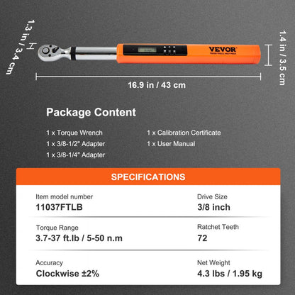 11037FTLB - VEVOR Digital Torque Wrench 3/8" Drive with LED Display