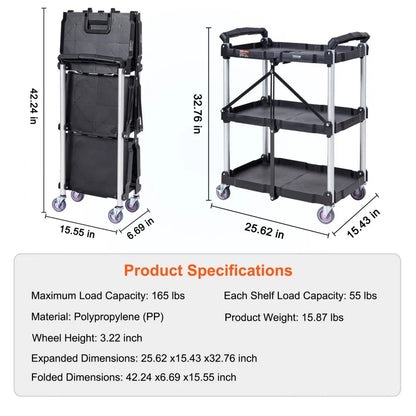 010804567519 - Foldable Heavy-Duty Rolling Cart, 165 lbs Capacity, Space-Saving Design