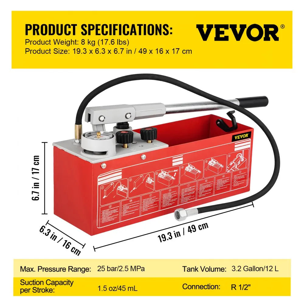 SYB-25B - Durable 3.2-Gallon Hydrostatic Pressure Test Pump with Dual Gauges
