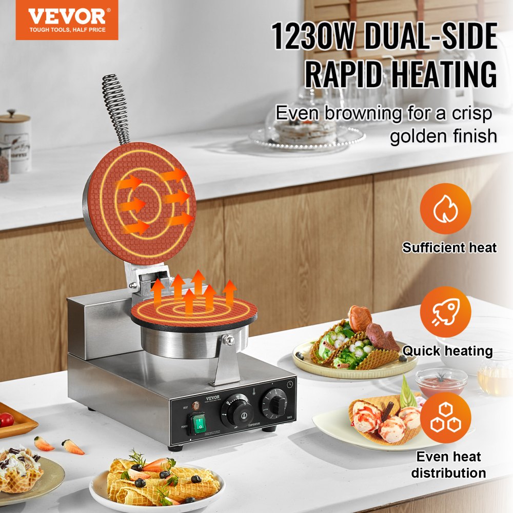 HT-1A - 1230W Commercial Waffle Cone Maker with Non-Stick Plates