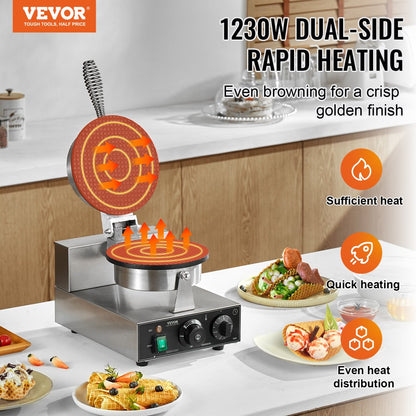 HT-1A - 1230W Commercial Waffle Cone Maker with Non-Stick Plates