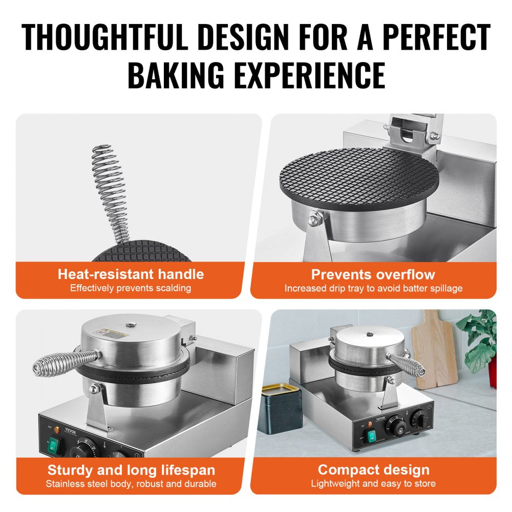 HT-1A - 1230W Commercial Waffle Cone Maker with Non-Stick Plates