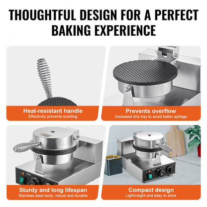 HT-1A - 1230W Commercial Waffle Cone Maker with Non-Stick Plates