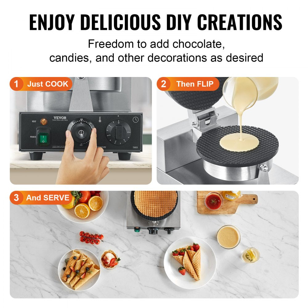 HT-1A - 1230W Commercial Waffle Cone Maker with Non-Stick Plates