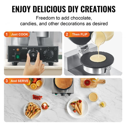 HT-1A - 1230W Commercial Waffle Cone Maker with Non-Stick Plates