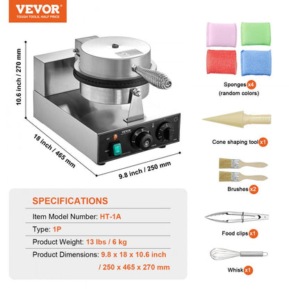 HT-1A - 1230W Commercial Waffle Cone Maker with Non-Stick Plates