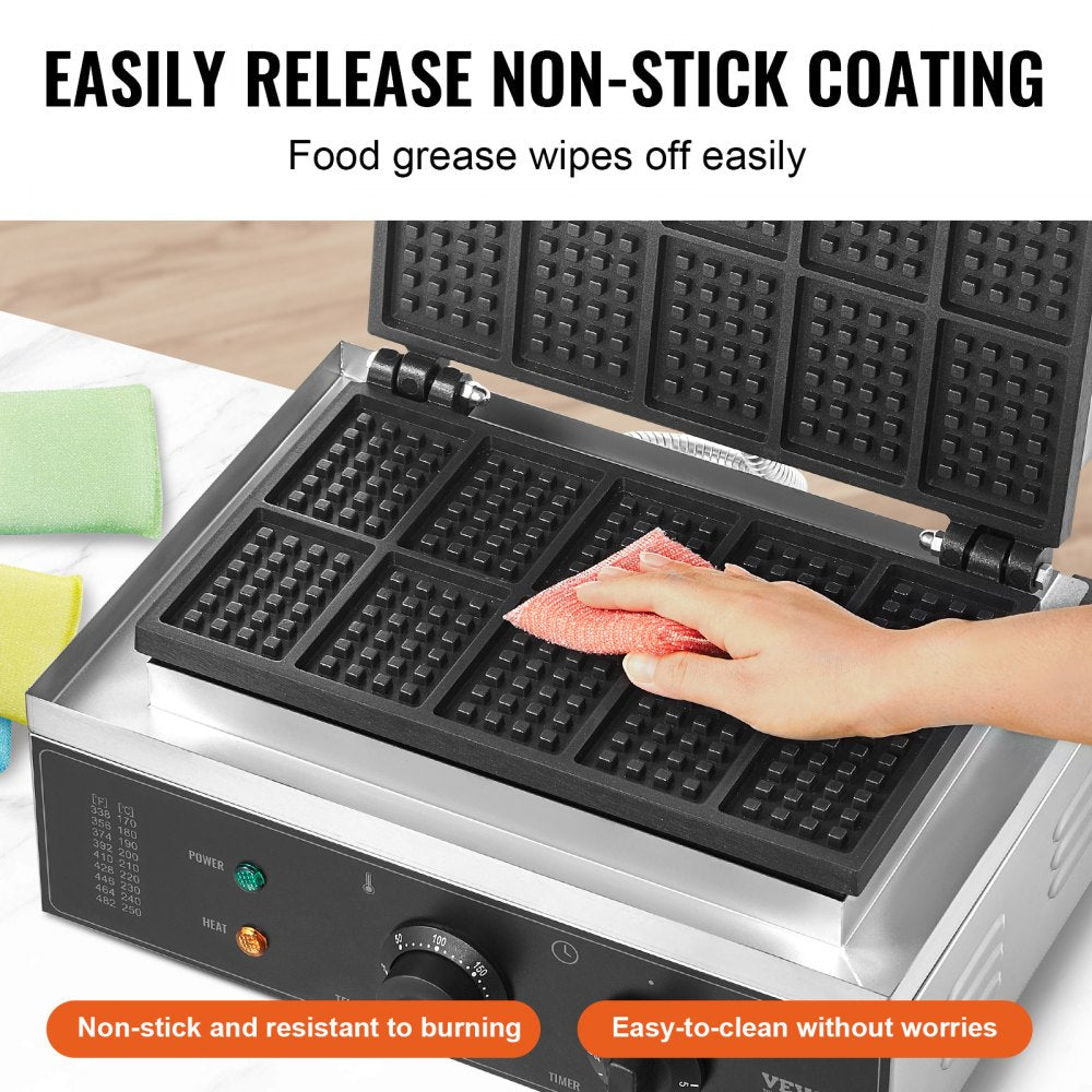 HT-10 - Stainless Steel Waffle Maker for 10 Rectangular Waffles at Once