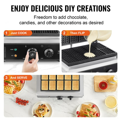 HT-10 - Stainless Steel Waffle Maker for 10 Rectangular Waffles at Once
