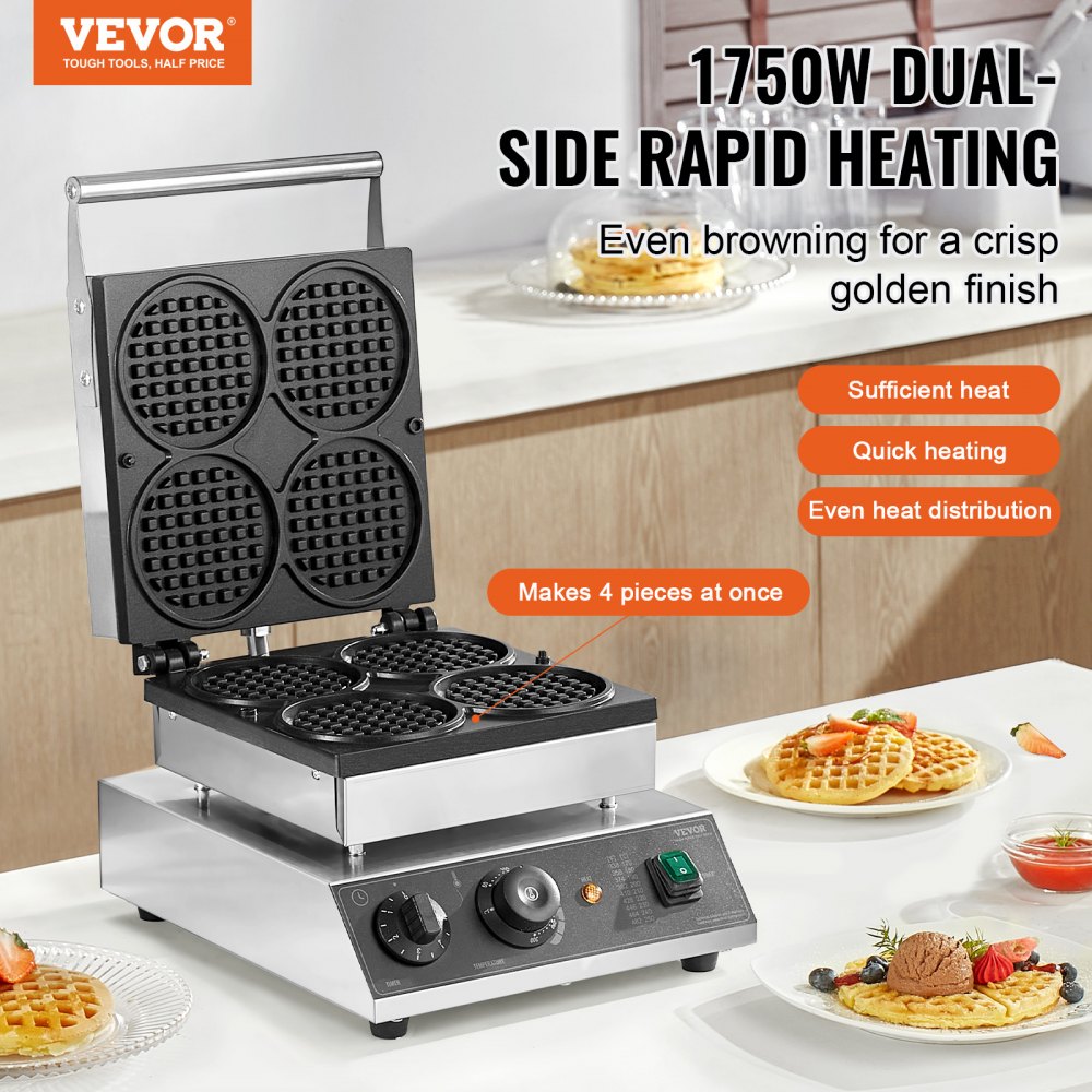 HT-2206B - Commercial 1750W Waffle Maker with Timer & Non-Stick Plates