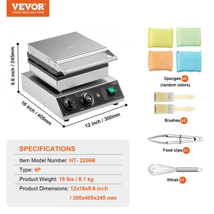 HT-2206B - Commercial 1750W Waffle Maker with Timer & Non-Stick Plates