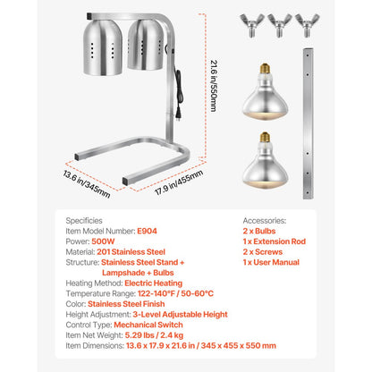 E904 - Adjustable 500W Stainless Steel Food Heat Lamp for Restaurants