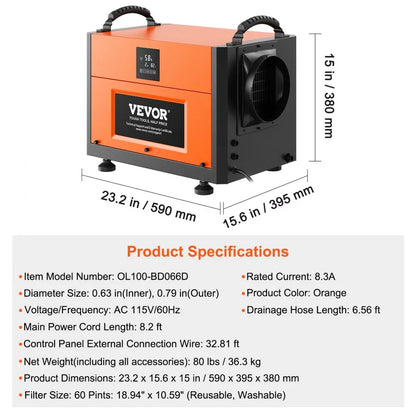 OL80-BD065D - 156 Pints Efficient Commercial Dehumidifier for Moisture Control