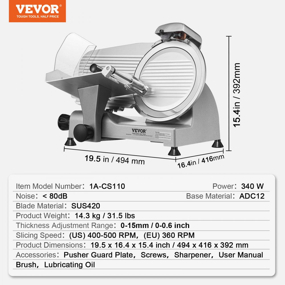 1A-CS110 - 10" Stainless Steel Electric Meat Slicer with Adjustable Thickness