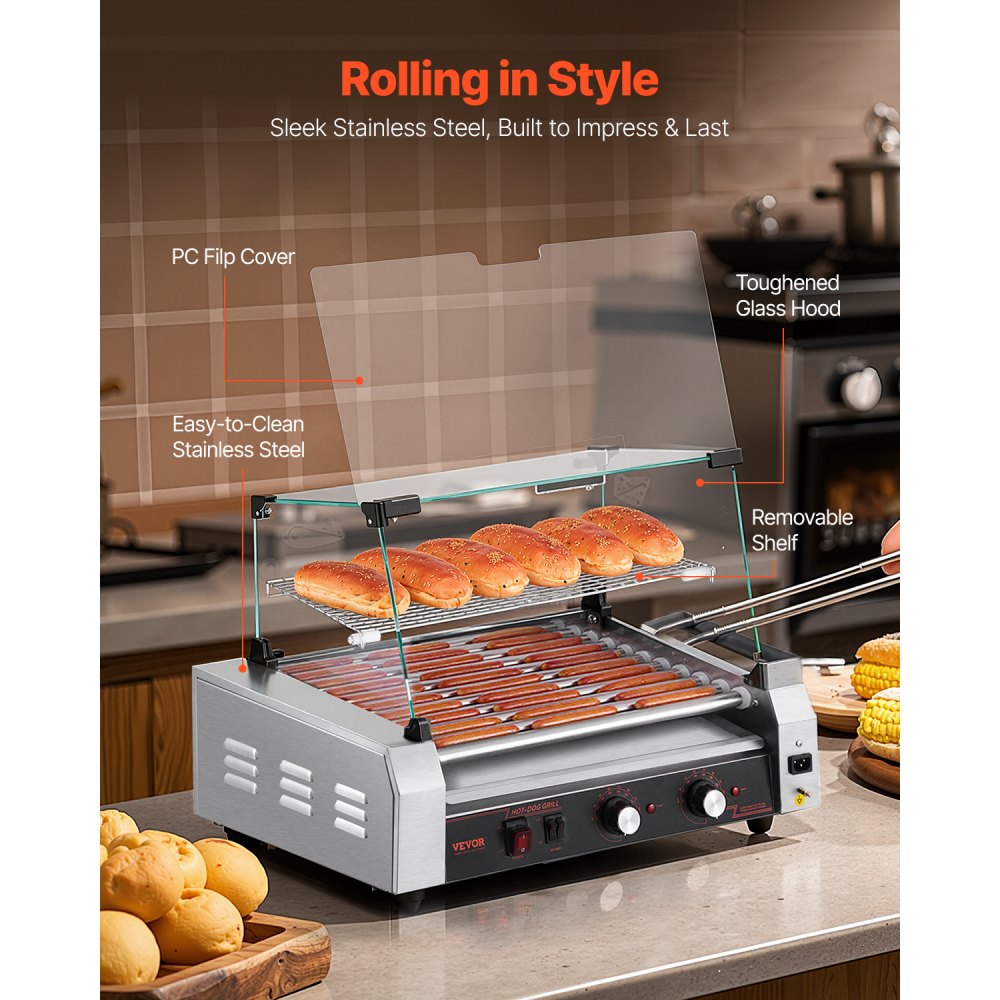 US - Commercial-Grade 30 Hot Dog Roller with Dual Temp Control