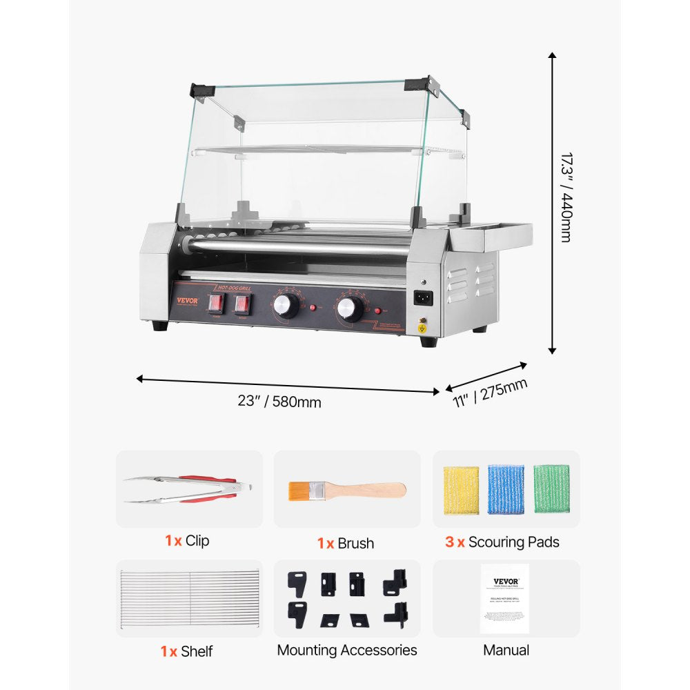 ASQ005 - Commercial 12 Roller Electric Hot Dog Grill with Glass Hood
