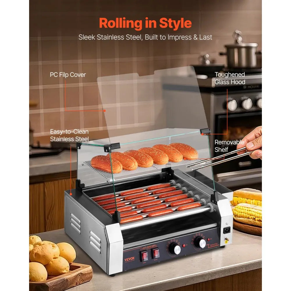 ASQ007 - Commercial 18 Hot Dog Roller Grill with 482°F Adjustable Temperature
