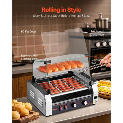 ASQ007 - Commercial 18 Hot Dog Roller Grill with 482°F Adjustable Temperature