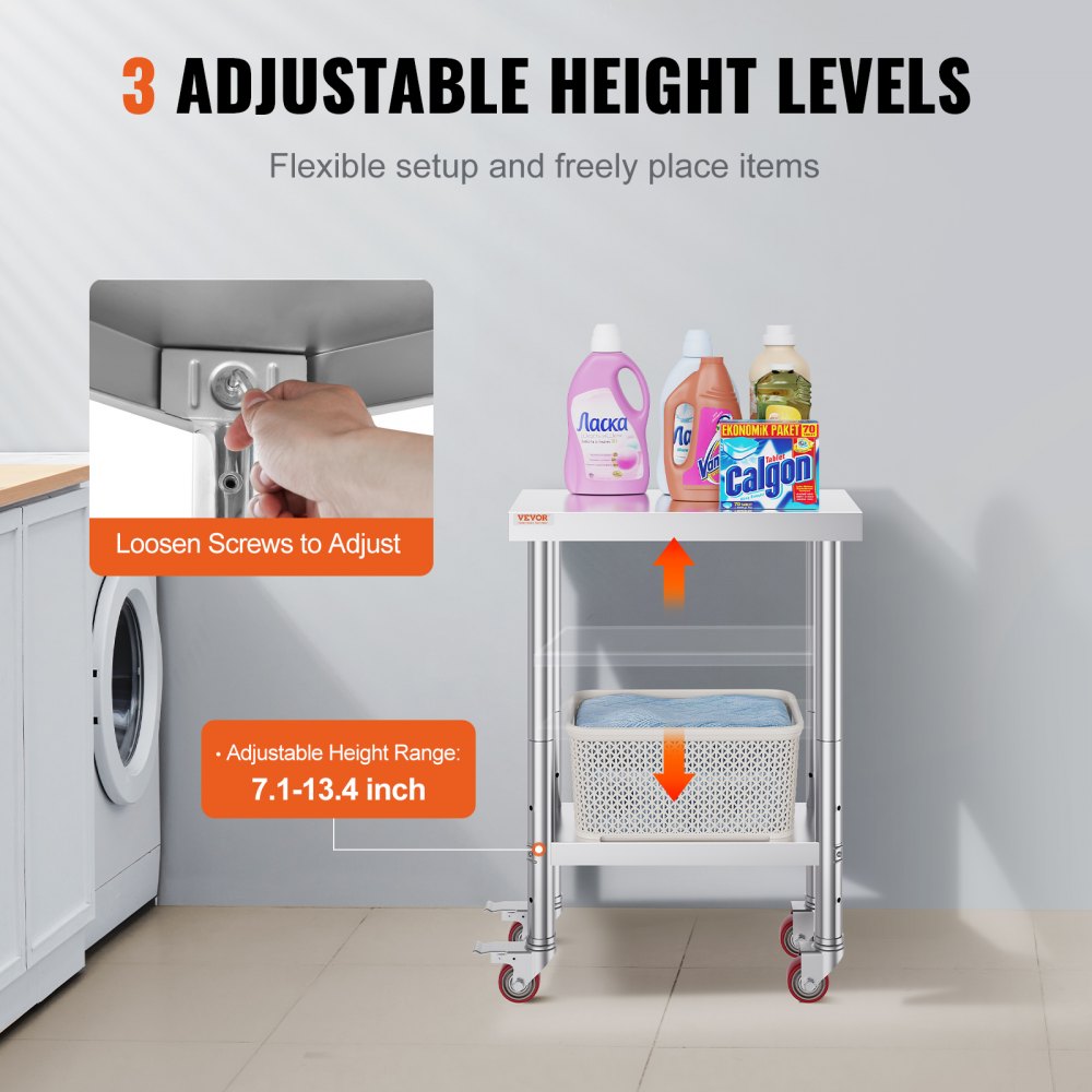 GZT61*30.5*85 - Durable Stainless Steel Work Table on Wheels, Easy to Clean