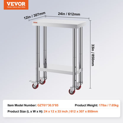 GZT61*30.5*85 - Durable Stainless Steel Work Table on Wheels, Easy to Clean